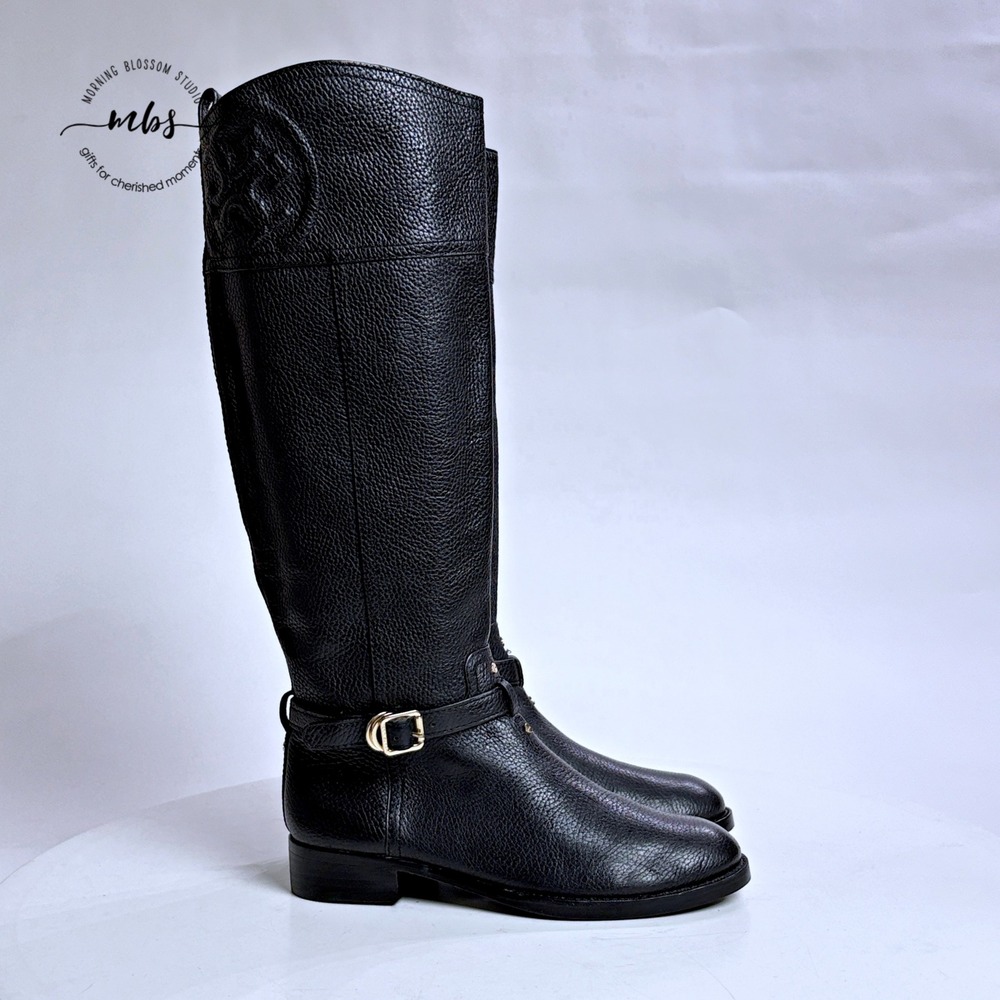 NWOT Tory Burch Thea Riding Boots Equestrian Leather Zip Buckle Black Women 6.5